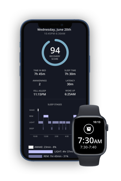 SleepSpace Display of Your Sleep Score, Smart Alarm Clock, and integration with your Apple Watch in order to detect sleep stages, sound in room, HRV, heart rate, dr. snooze AI feedback, and much more!