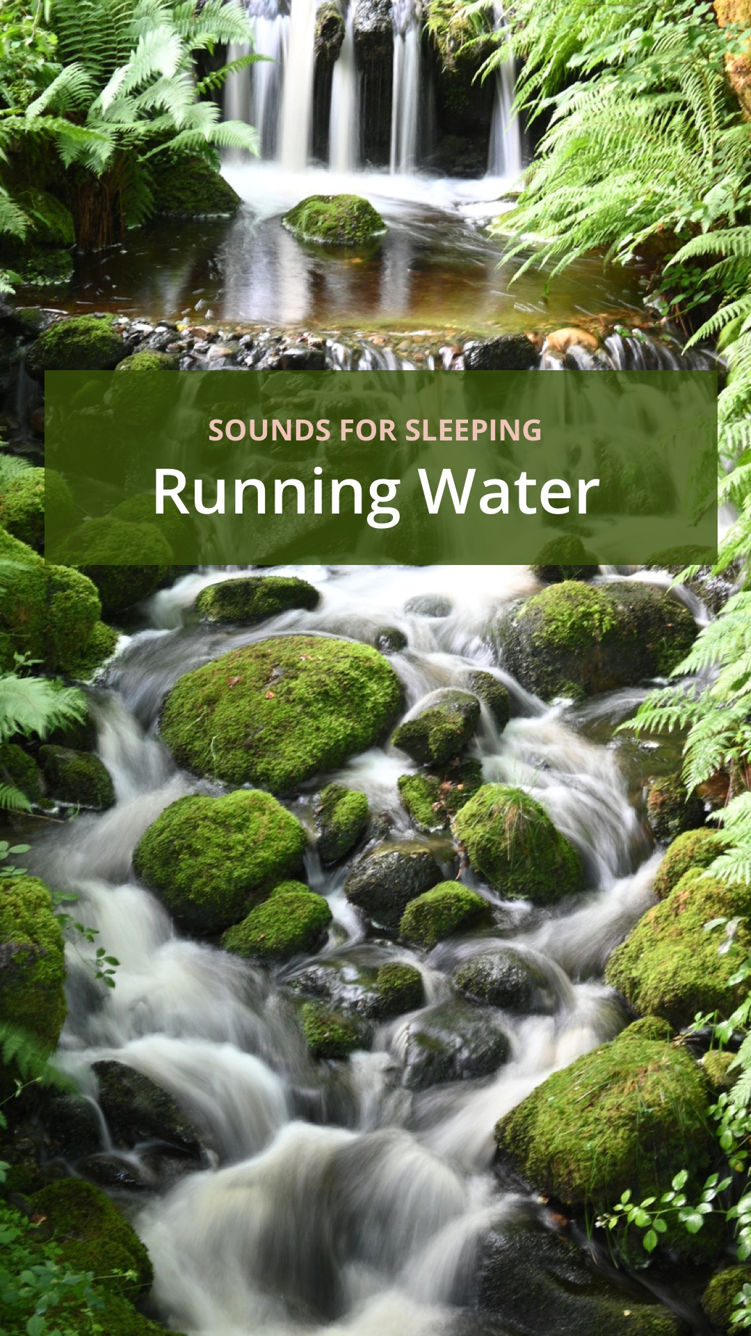 Running water sounds that can be found in SleepSpace and played during your 10-60 minute wind down or all throughout the night where this is an image of a forest stream with lush green moss. Running water is also used for the smart wake up experience found within SleepSpace.