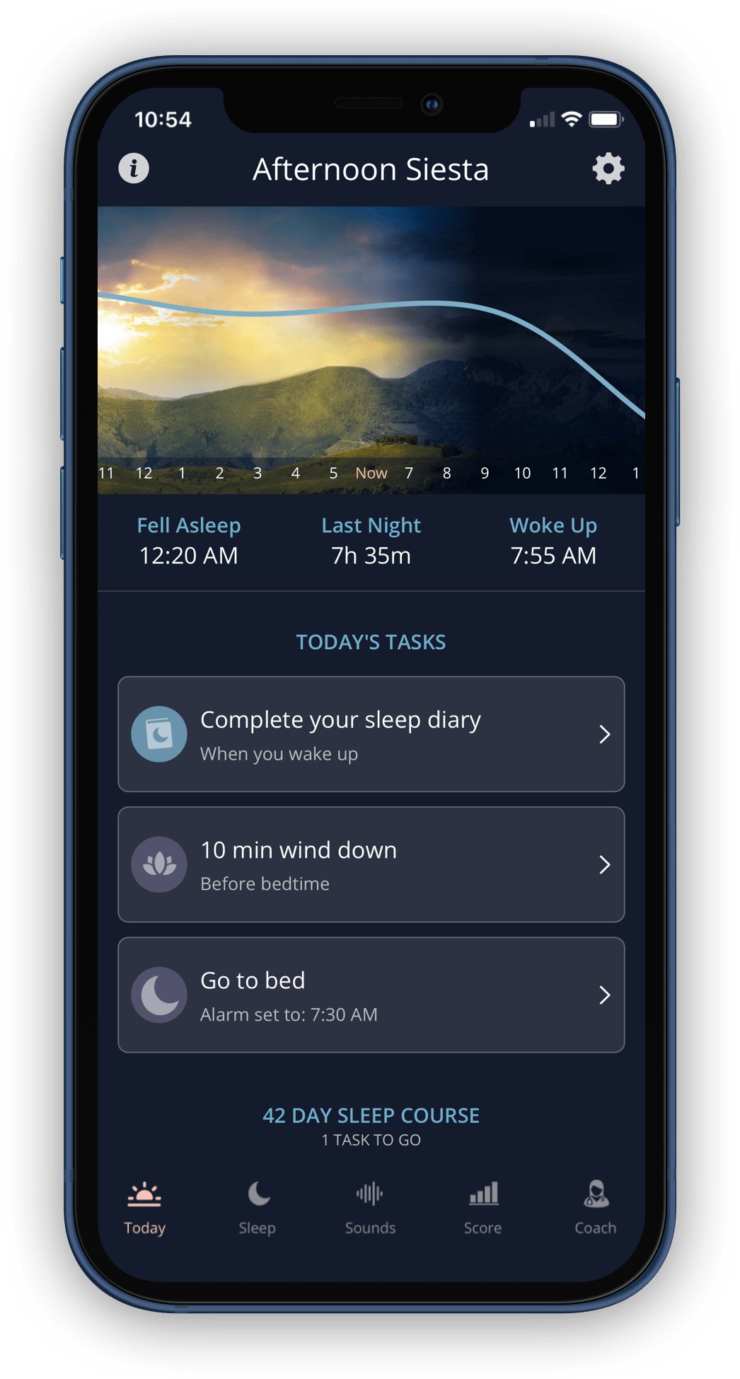 An image of the today screen in SleepSpace that includes last night's sleep and the estimated circadian rhythm for the day, in addition to tasks to be completed in order to optimize sleep health.
