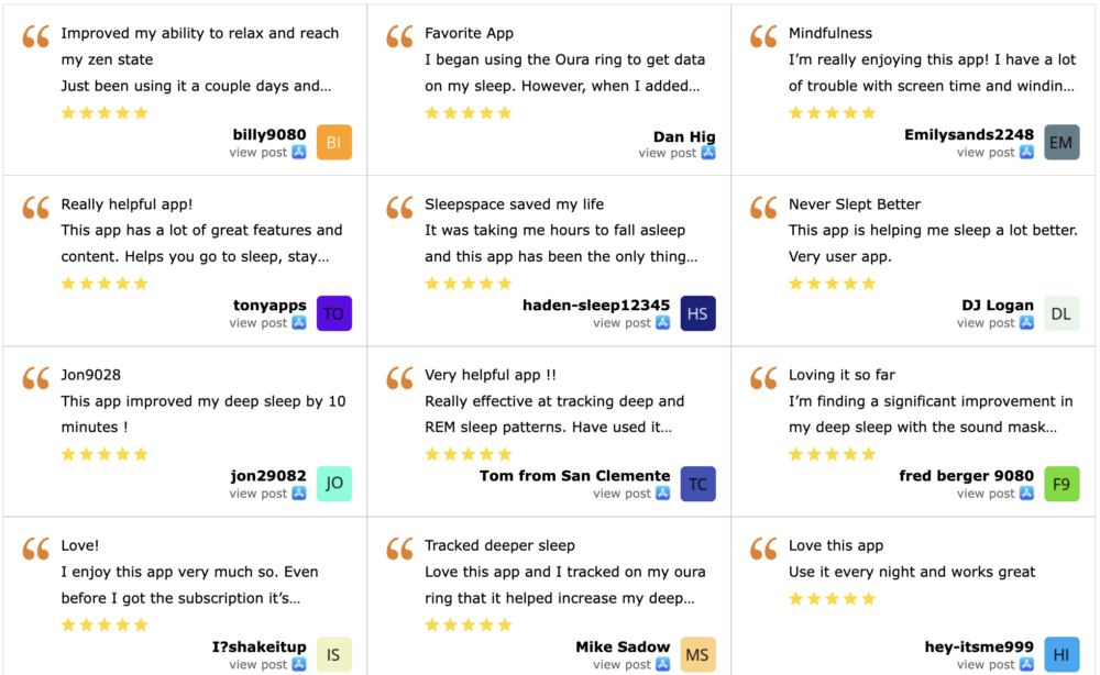 A list of 100s of 5-star reviews for the SleepSpace app.