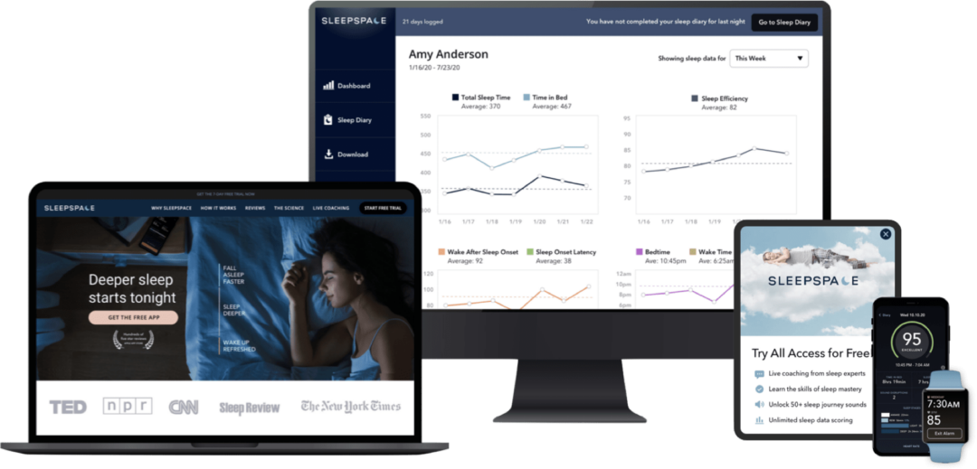 All the components of the SleepSpace platform that include the web portal, phone app, and integration with wearables.