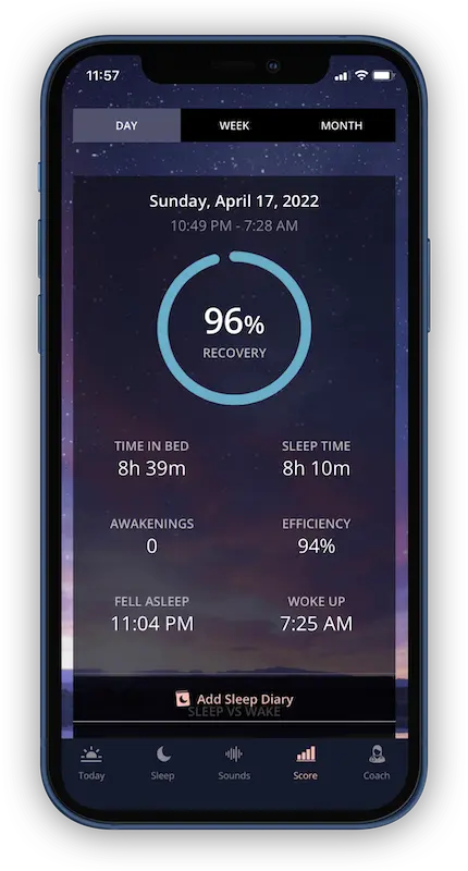 SleepSpace Recovery Score including awakenings, sleep efficiency, fall asleep time, sleep duration, and wake up time, where you can get sleep staging from apple watch or accurately measure sleep with any smart phone