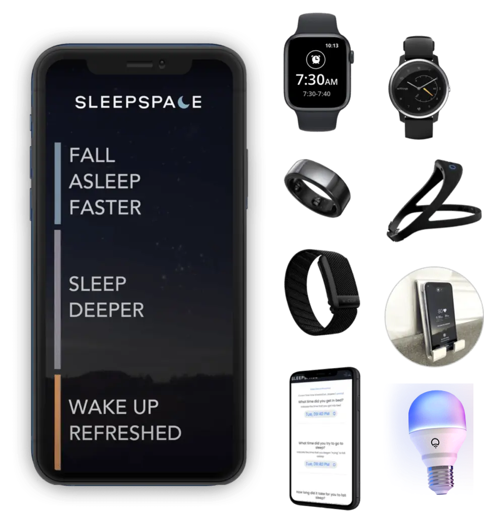 SleepSpace app showing how it integrates with various wearables, nearables, and internet of things devices, like Apple Watch, Oura, Whoop, LIFX Smart Light Bulb, and can augment these tools by playing a sleep journey, which is a series of sounds to help with winding down, sleeping deeper, and waking up refreshed, what we call a "Sleep Journey"