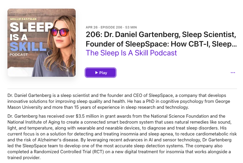 Dr. Dan Gartenberg discusses upper airway resistance and other sleep improvement strategies on the sleep is a skill podcast with Mollie Eastman