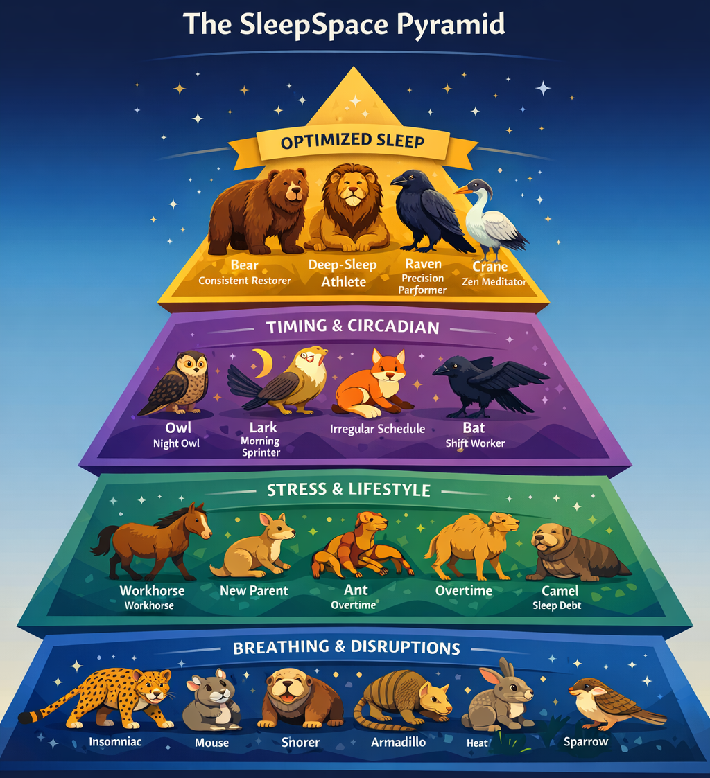 SleepSpace sleep pyramid diagram showing the key dimensions that shape sleep quality, recovery, timing, and next-day performance