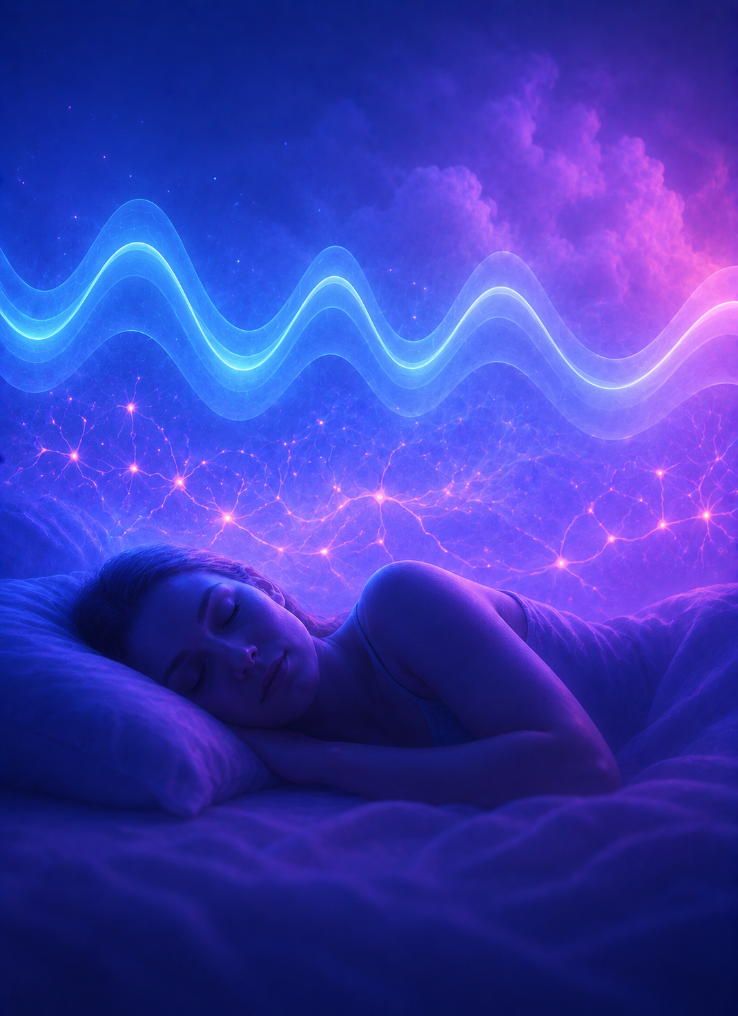 Illustration of a sleeping person beneath blue and purple sound waves