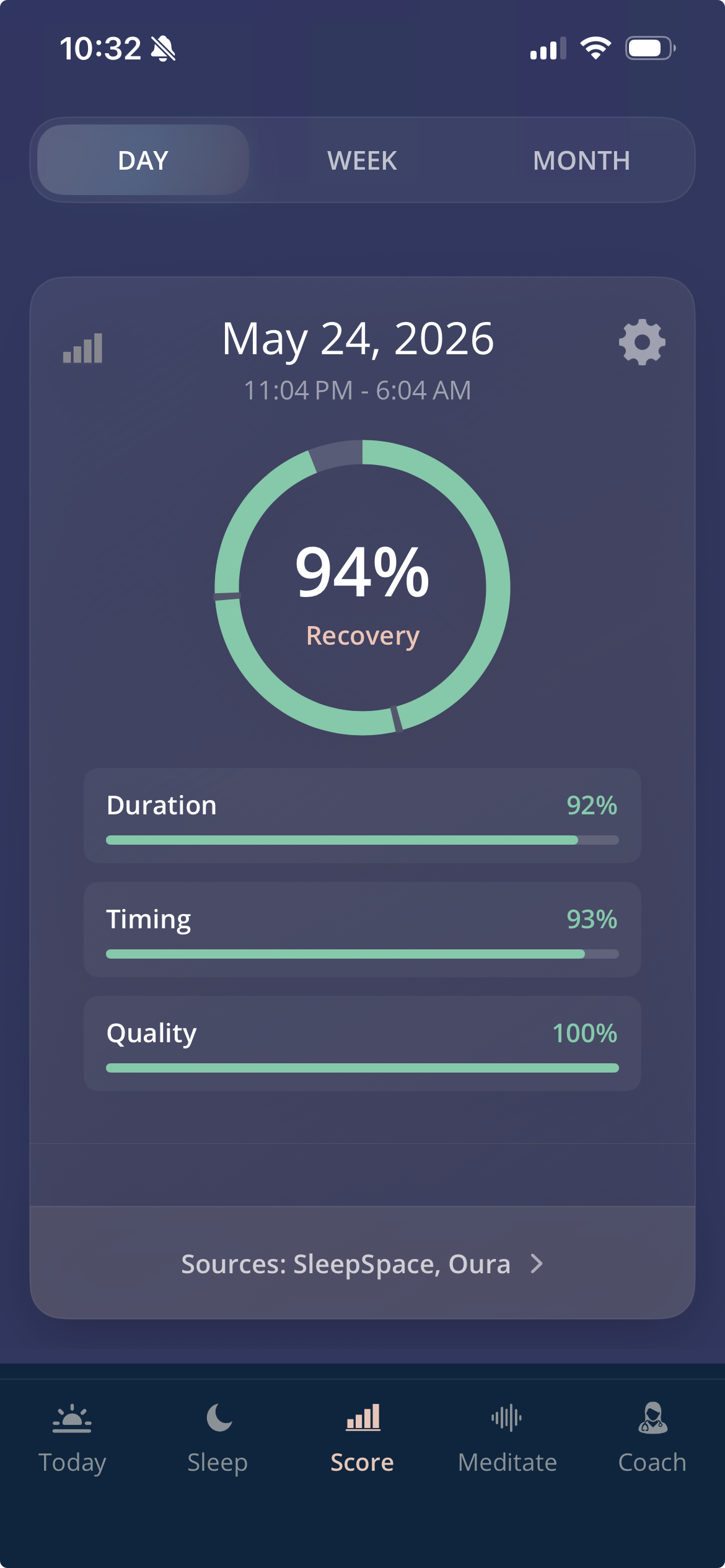 SleepSpace Sleep Score app screen showing duration circadian timing and sleep quality