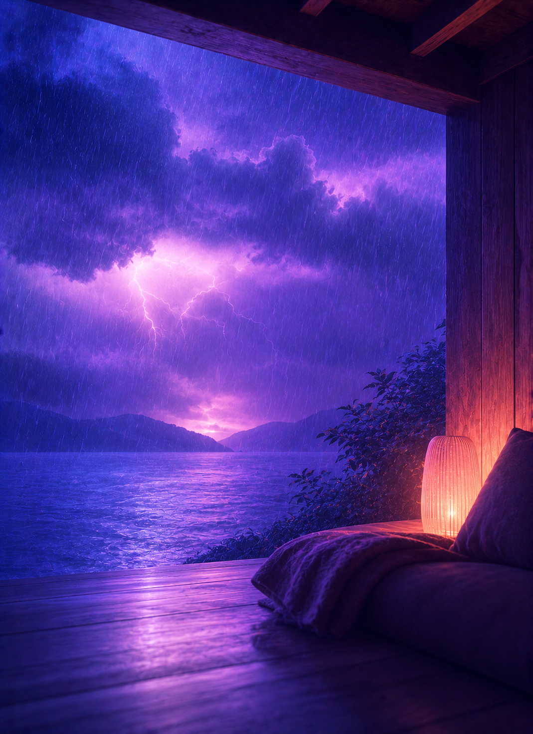 Thunderstorm over a lake viewed from a sheltered bedroom