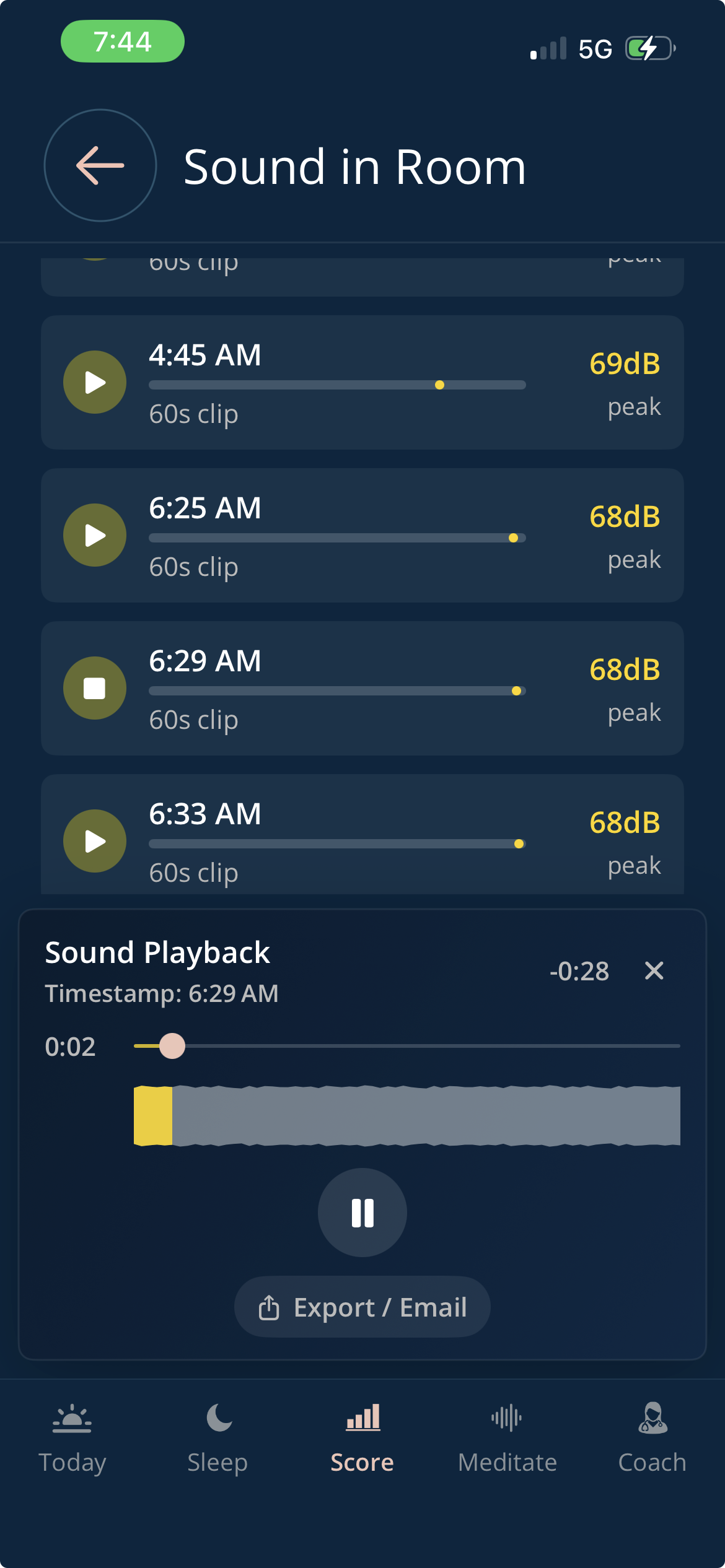 SleepSpace nighttime sound playback with waveform and recording controls