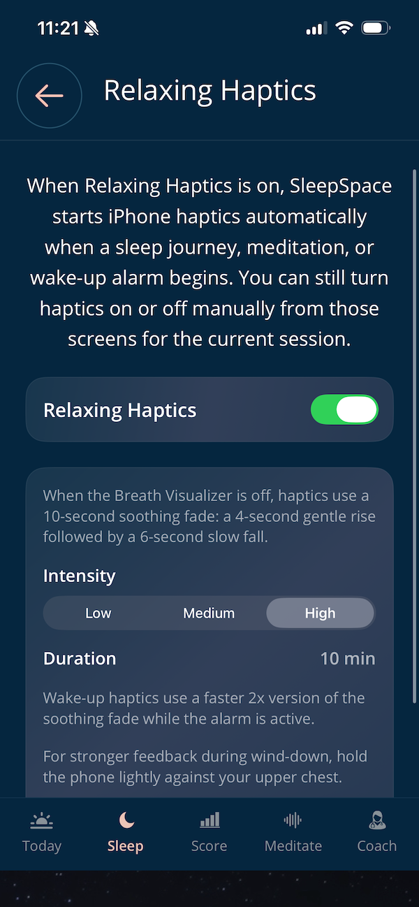 SleepSpace Relaxing Haptics settings with vibration controls for wind-down and wake-up routines