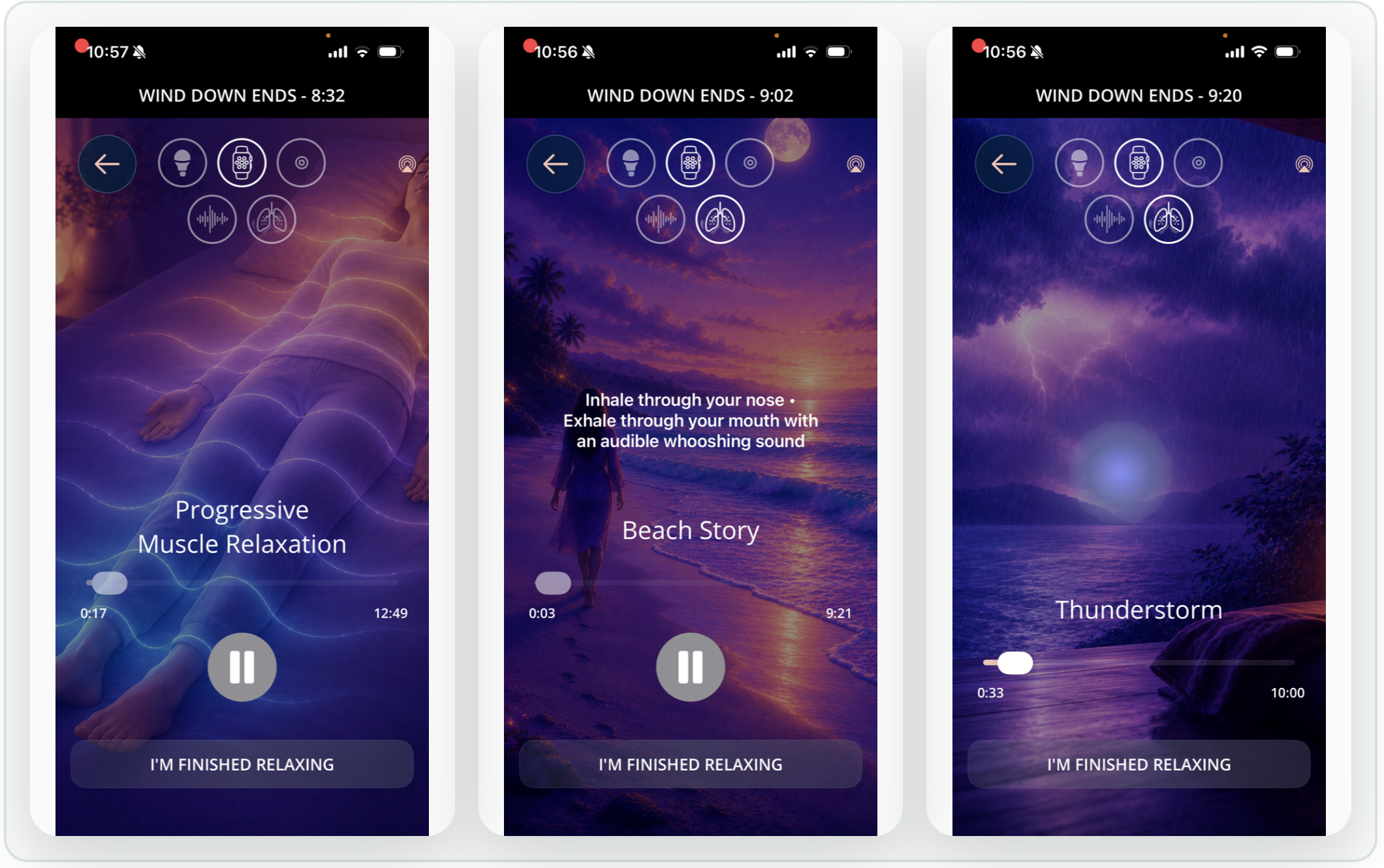 SleepSpace muscle relaxation, Beach Story, and Thunderstorm wind-down screens