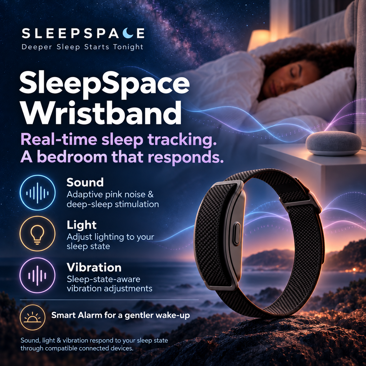 SleepSpace Wristband launch artwork featuring sound, light, vibration, and smart alarm options
