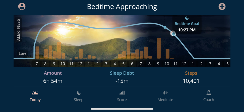 SleepSpace circadian rhythm and steps chart showing daily activity alongside estimated alertness