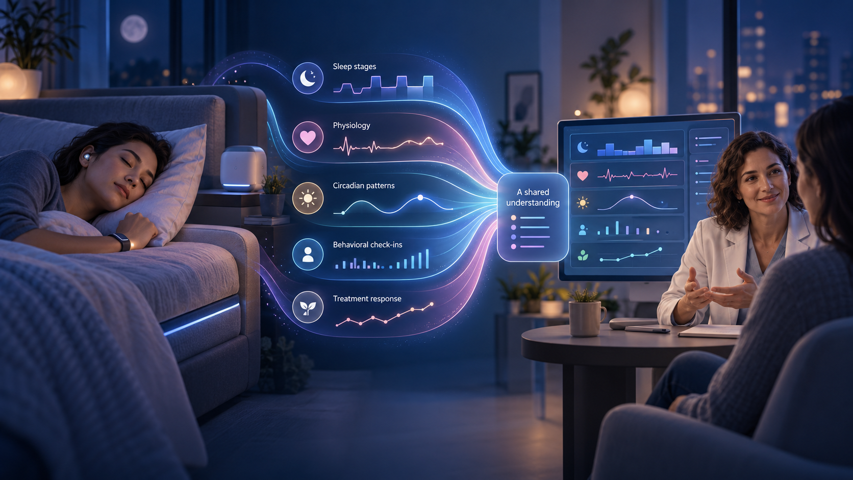 SleepSpace illustration connecting nighttime sleep signals with a shared view of sleep patterns