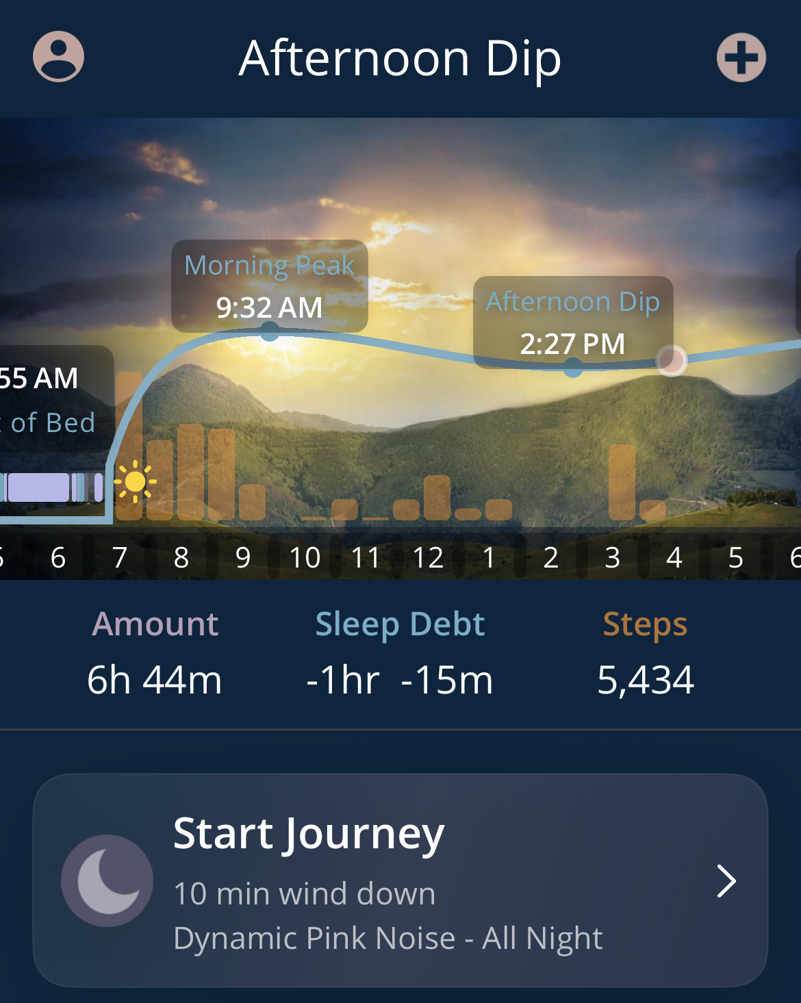 SleepSpace home screen with estimated alertness, sleep metrics, and Start Journey controls