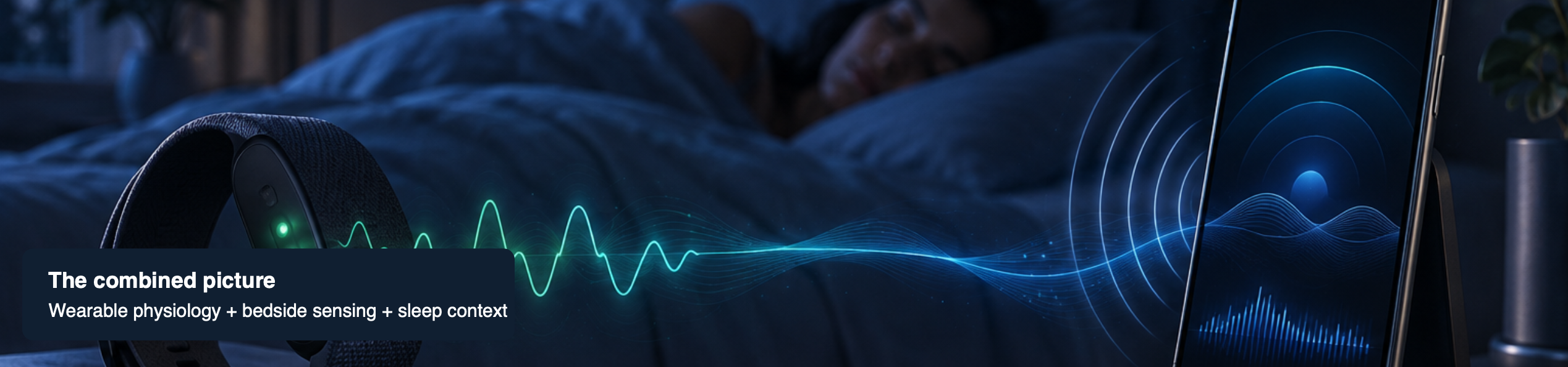 SleepSpace Band and bedside phone with illustrated wearable and Nearable signals