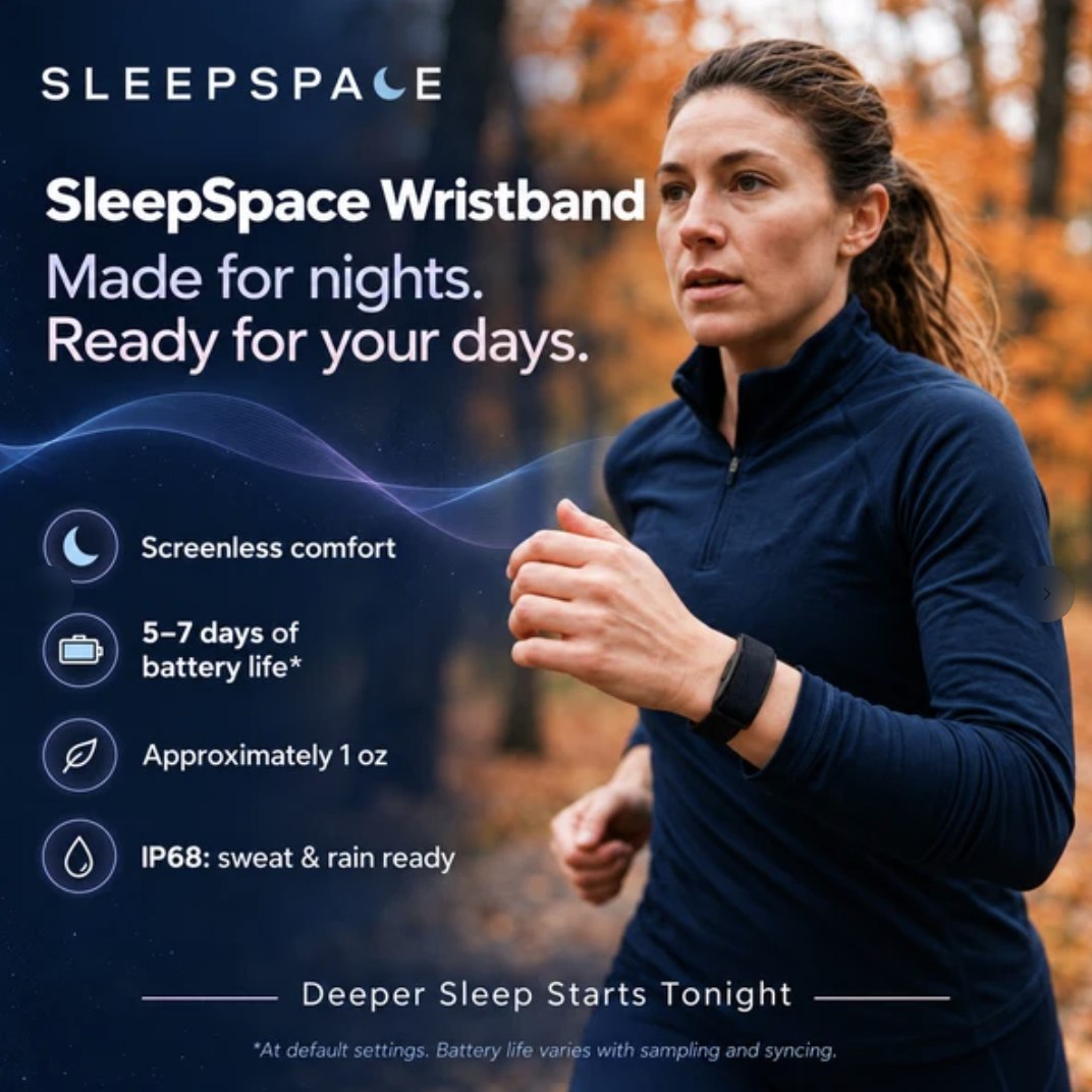 Woman running while wearing the SleepSpace Band